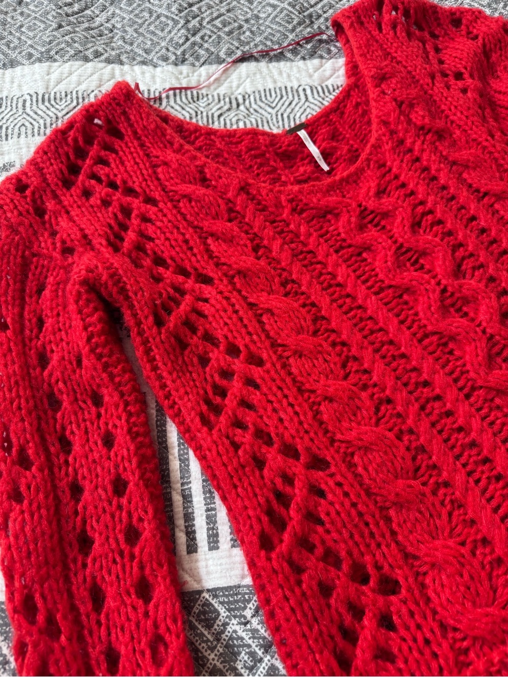 Free People The Fluff Mohair Wool Open Cable Knit Scoop Neck Sweater red/orange